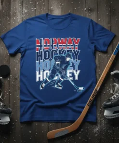 Norway Hockey T-Shirt with a graphic of an ice hockey player in action and stacked text reading "Norway Hockey"