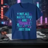 Blue t-shirt with neon blue and pink text reading "NOT ALL MATHS PUNS ARE TERRIBLE JUST SUM" featuring circuit board