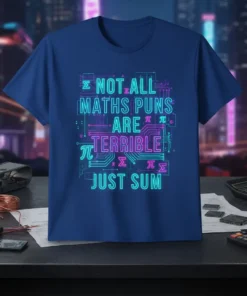 Blue t-shirt with neon blue and pink text reading "NOT ALL MATHS PUNS ARE TERRIBLE JUST SUM" featuring circuit board