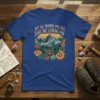 T-shirt with text "Not All Wander Are Lost Some Are Looking For" featuring mountains, trees, crystals, and fossils