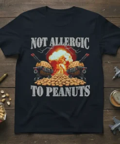 Not Allergic To Peanuts T-Shirt with explosion graphic and peanut-themed robots