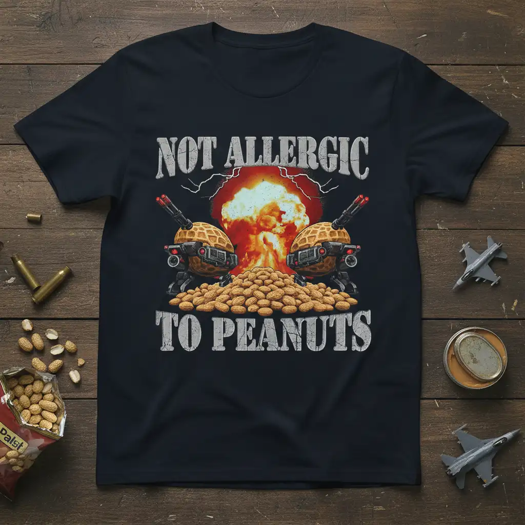 Not Allergic To Peanuts humorous quote t-shirt with explosion and peanut robots graphic