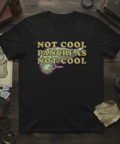 Black t-shirt with "Not Cool Pancreas Not Cool" text and a stylized pancreas graphic in green