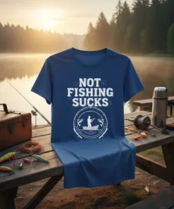 Blue t-shirt with white text "NOT FISHING SUCKS" and a graphic of a fisherman in a boat catching fish