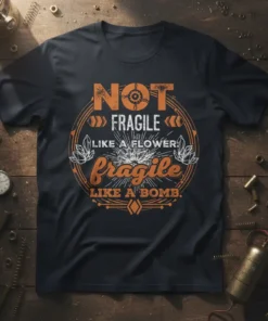 Not Fragile Like A Flower Fragile Like A Bomb text design with orange and white distressed typography and geometric borders