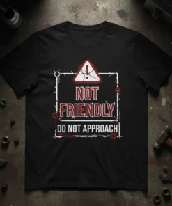 Black t-shirt with "NOT FRIENDLY DO NOT APPROACH" text in distressed white and red, inside a warning sign graphic