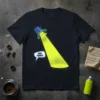 Dark t-shirt with a blue spotlight graphic shining a bright yellow beam, featuring a speech bubble with "NOT FUNNY" text