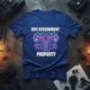 Not Government Property feminist slogan tee featuring a stylized uterus graphic with neon circuit board details