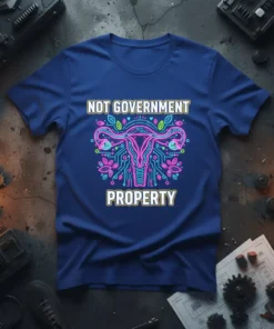 Not Government Property feminist slogan tee featuring a stylized uterus graphic with neon circuit board details
