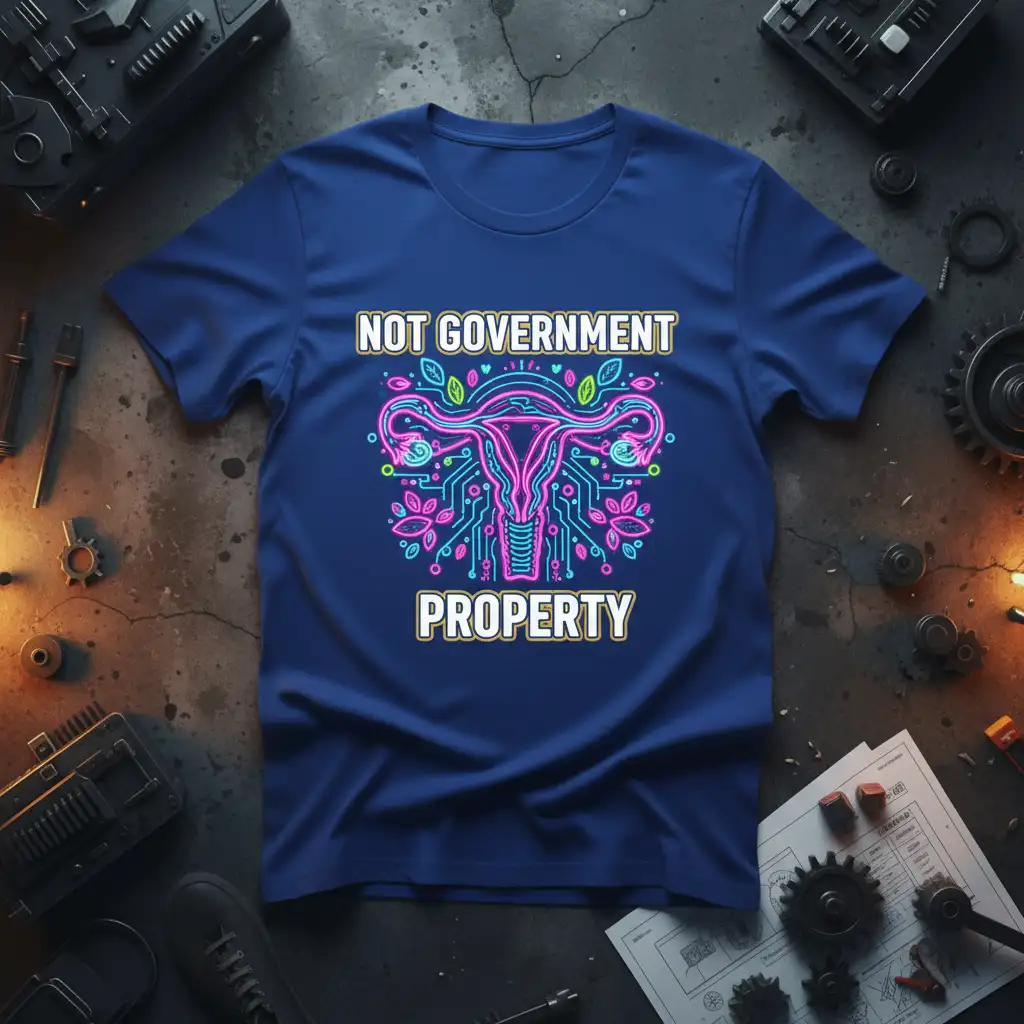 Not Government Property feminist statement tee with neon uterus circuit board design and bold text