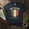 Not Italian But Supportive Italy crest t-shirt design with flag colors and decorative elements