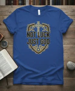 Blue t-shirt with "Not Luck Just God" text in a shield emblem featuring a Celtic cross graphic