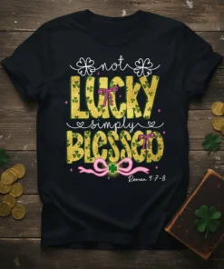 Black t-shirt with "not LUCKY simply BLESSED" text, shamrock pattern, and pink bows, referencing Roman 4:7-8