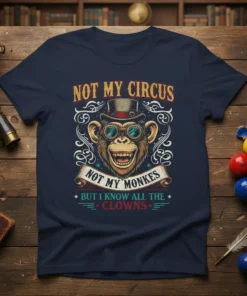Not My Circus Not My Monkes But I Know All The Clowns humorous quote t-shirt design with a monkey wearing
