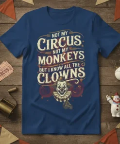Not My Circus Not My Monkeys But I Know All The Clowns quote on a navy blue t-shirt with a