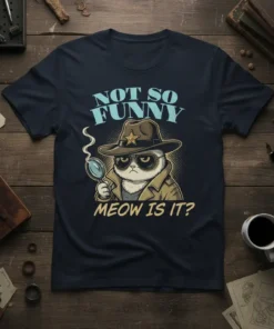 Detective cat wearing a hat and trench coat holding a magnifying glass with text "Not So Funny Meow Is It?"
