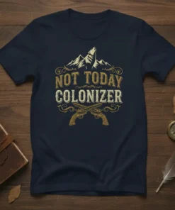 Not Today Colonizer text with crossed revolvers and mountain graphic on a navy t-shirt
