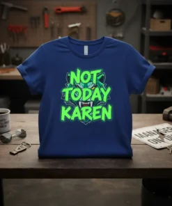 Not Today Karen text with fierce wolf graphic on a blue t-shirt