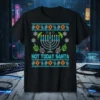 Black t-shirt with "NOT TODAY SANTA" text, a menorah, dreidels, and Star of David graphics in a festive pattern