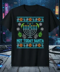 Black t-shirt with "NOT TODAY SANTA" text, a menorah, dreidels, and Star of David graphics in a festive pattern