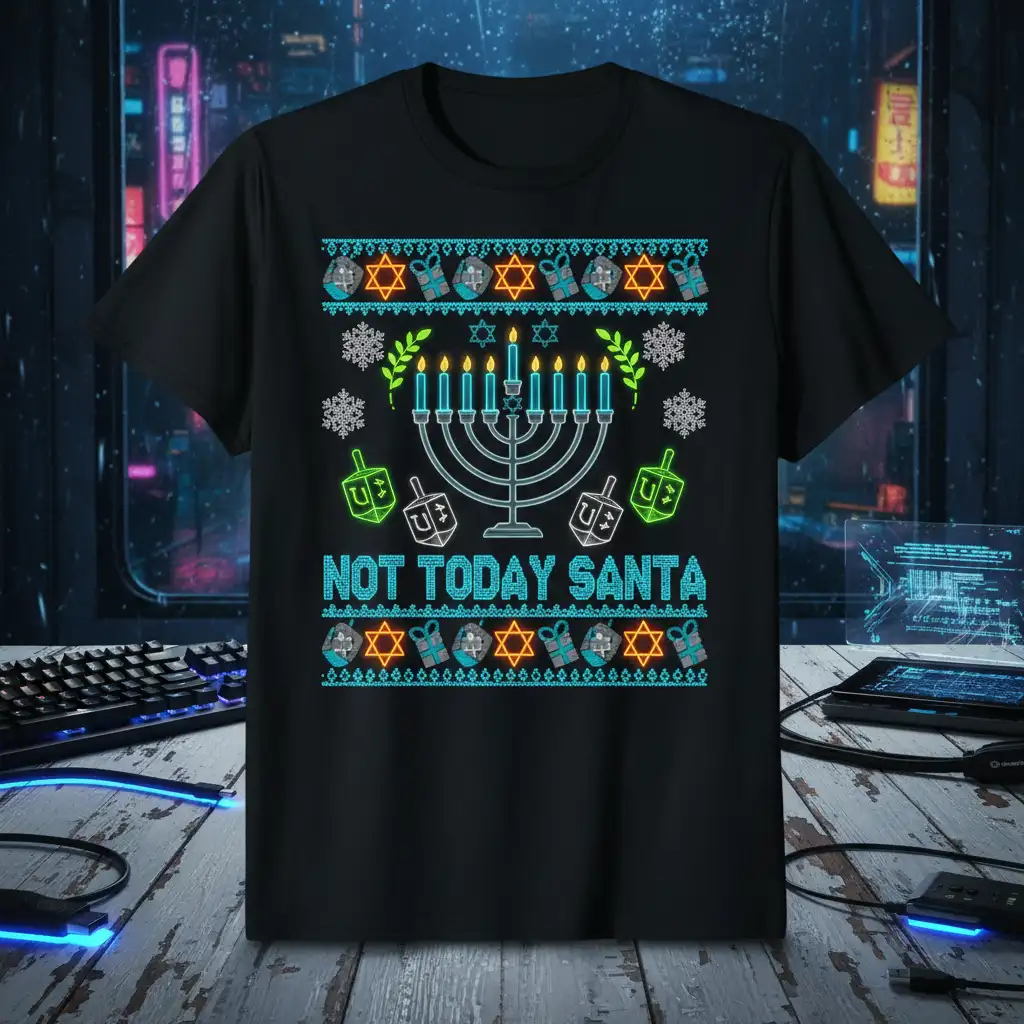 NOT TODAY SANTA Hanukkah t-shirt with menorah, dreidels, and Star of David graphics