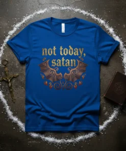 Blue t-shirt with "not today, satan" in gold gothic font and devil wings graphic
