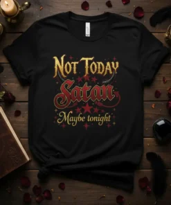 Not Today Satan Maybe tonight text with red and gold gothic font and devil horns graphic on a black t-shirt