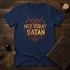 Navy t-shirt with "Not Today Satan" text in distressed gold font over a red and grey shield with devil horns