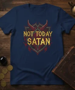 Navy t-shirt with "Not Today Satan" text in distressed gold font over a red and grey shield with devil horns