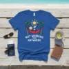 Not Working From Anywhere text with a stick figure in a hammock between palm trees, under a sun, on a