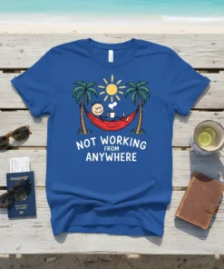 Not Working From Anywhere text with a stick figure in a hammock between palm trees, under a sun, on a