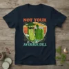 Not Your Average Dill text with a cool pickle character and jar of pickles graphic on a navy t-shirt