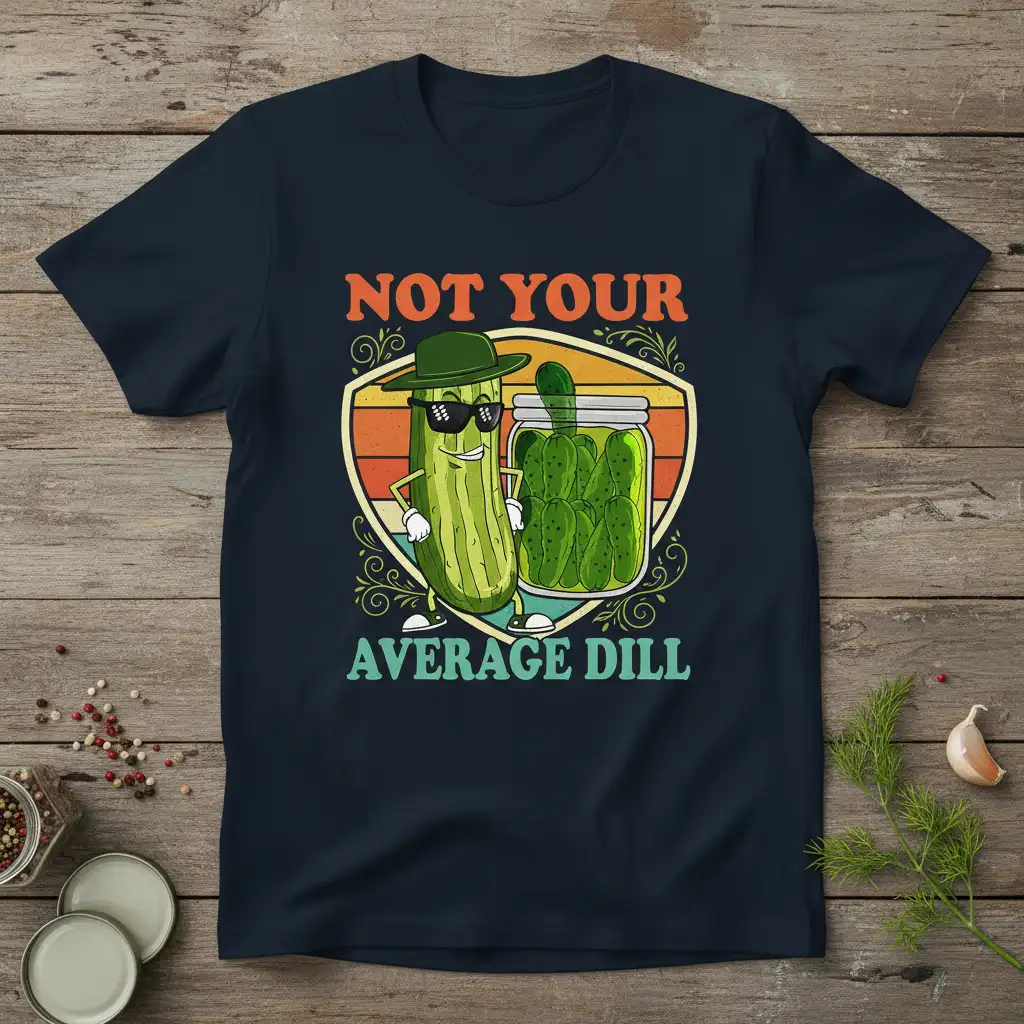 Not Your Average Dill text with a cool pickle character and jar of pickles graphic on a navy t-shirt design