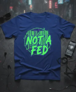 Graphic t-shirt with the text "NOT A FED" in bright green graffiti-style font, enclosed by a barcode and circuit board