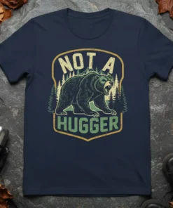 Not A Hugger T-Shirt with a distressed graphic of a grumpy bear in a forest setting