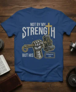 Christian t-shirt with text "Not By My Strength But His" and "Philippians 4:13", featuring a hand holding Thor's hammer and