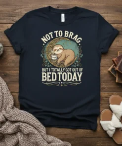 Sloth holding a coffee cup on a moon graphic with text "Not To Brag But I Totally Got Out Of