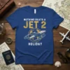 Nothing Beats A Jet 2 Holiday text with airplane graphic and globe illustration on a blue t-shirt
