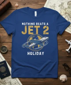 Nothing Beats A Jet 2 Holiday text with airplane graphic and globe illustration on a blue t-shirt