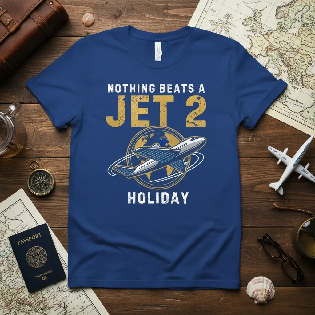 Nothing Beats A Jet 2 Holiday quote with airplane graphic on a blue travel t-shirt