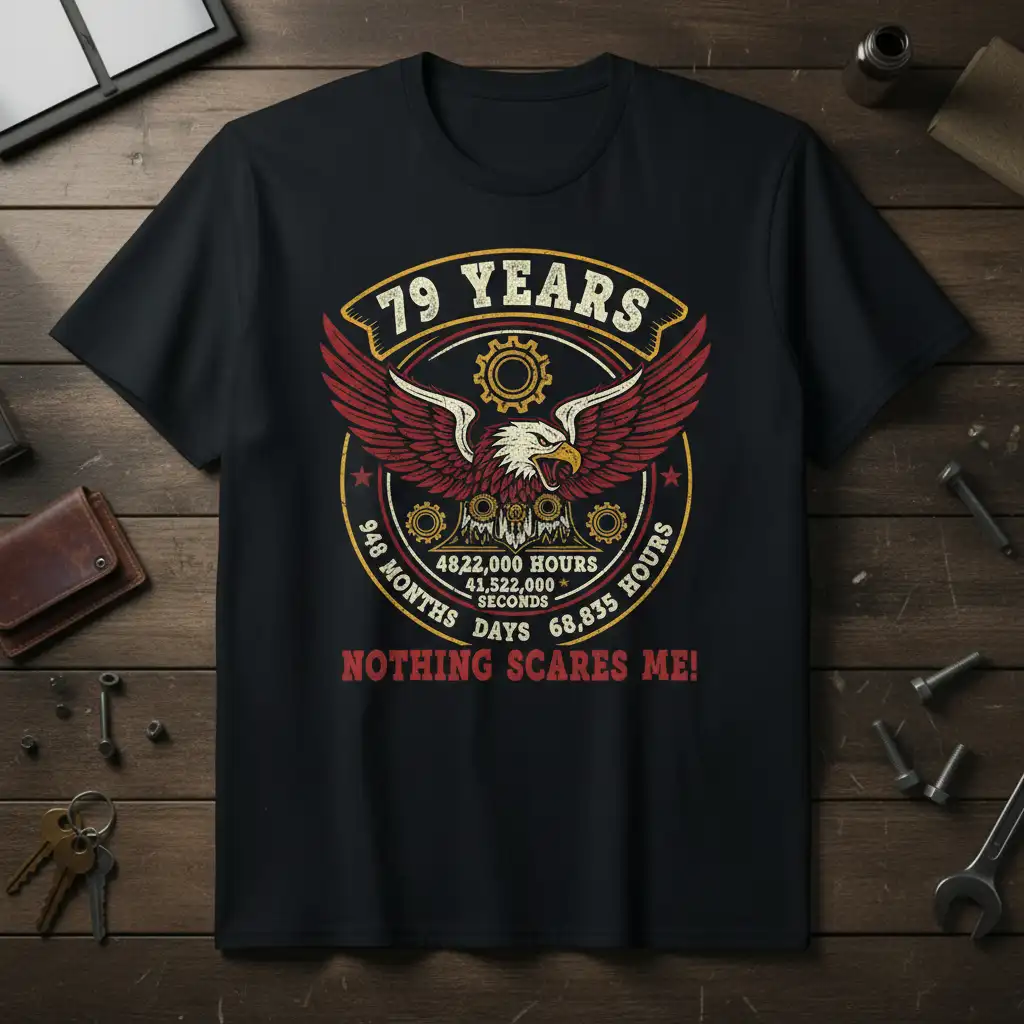 Nothing Scares Me 79 Years Birthday T-Shirt with eagle graphic and time statistics for fearless individuals