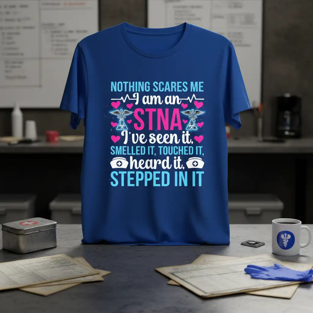 NOTHING SCARES ME I am an STNA t-shirt design with medical symbols and hearts, humorously detailing STNA experiences