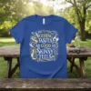 Nothing Tastes As Good As Skinny Feels quote on a blue t-shirt with ornate yellow and white design elements
