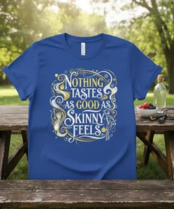 Nothing Tastes As Good As Skinny Feels quote on a blue t-shirt with ornate yellow and white design elements