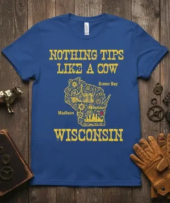 Blue t-shirt with yellow text "NOTHING TIPS LIKE A COW WISCONSIN" and a graphic map of Wisconsin filled with gears