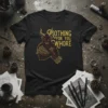 Nothing For You, Whore t-shirt design with a red and gold demon holding sticks, bold gold text
