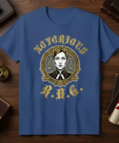 Notorious R.B.G. text with portrait of Ruth Bader Ginsburg and scales of justice on a blue t-shirt