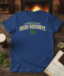 Blue t-shirt with white text "Notorious For My Irish Goodbye" and a green shamrock graphic