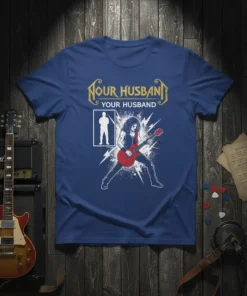 Nour Husband YOUR HUSBAND t-shirt design with a silhouetted figure and a rock guitarist playing a red electric guitar