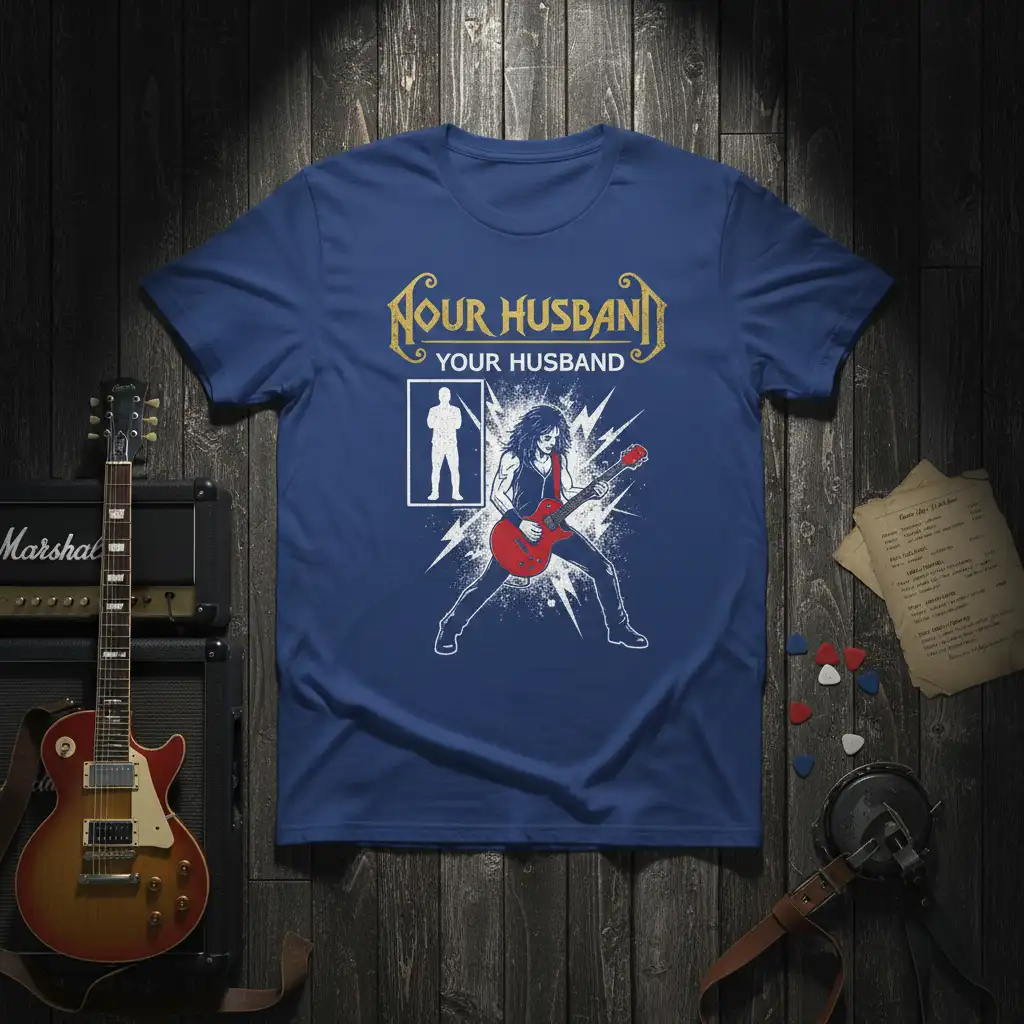 Nour Husband YOUR HUSBAND rock guitarist t-shirt design with lightning effects and a silhouetted figure